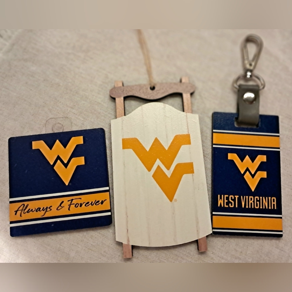 NWT WVU GiftSet | West Virginia Wood Magnet | Ornament | Bag Tag - P Graham Dunn